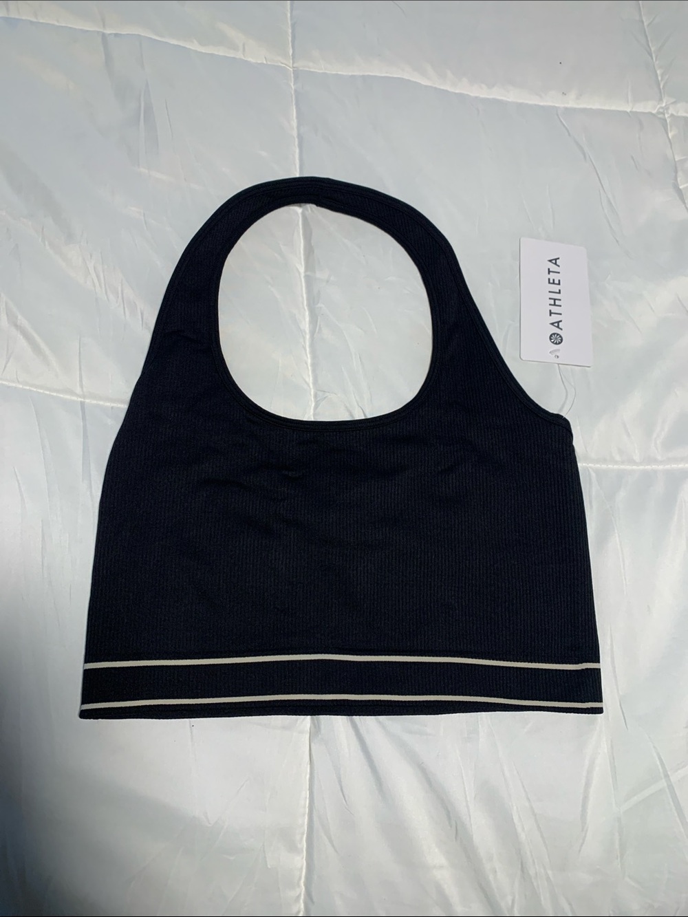 Athleta Black Ribbed Racerback Sports Bra with Cream Trim